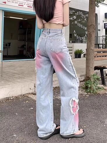 Y2K Baggy Ripped Jeans for Women – Wide Leg Butterfly Print & Star Patch Distressed Denim Pants High Waist Streetwear in Saudi Arabia