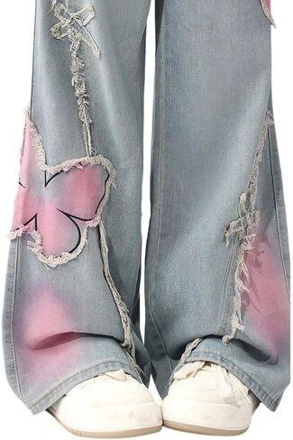 Y2K Baggy Ripped Jeans for Women – Wide Leg Butterfly Print & Star Patch Distressed Denim Pants High Waist Streetwear in Saudi Arabia