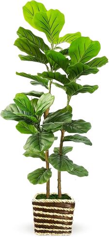 48 Inch Artificial Fiddle Leaf Fig Tree Indoor with Woven Basket - 4ft Tall Fake Tree with Real-Wood Trunk,Faux Plants for Living Rooms, Offices, Kitchens & Outdoor Spaces in Saudi Arabia