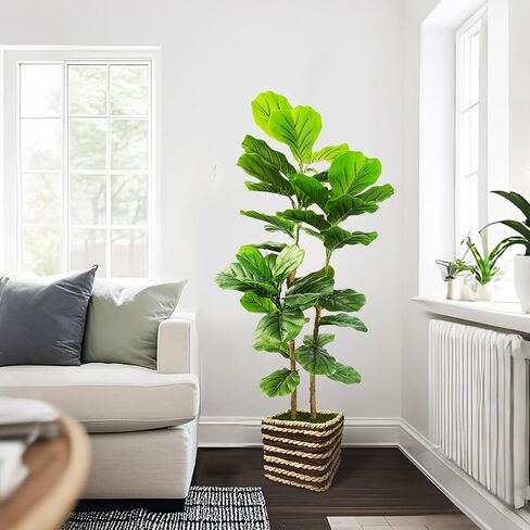 48 Inch Artificial Fiddle Leaf Fig Tree Indoor with Woven Basket - 4ft Tall Fake Tree with Real-Wood Trunk,Faux Plants for Living Rooms, Offices, Kitchens & Outdoor Spaces in Saudi Arabia