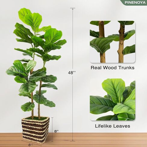 48 Inch Artificial Fiddle Leaf Fig Tree Indoor with Woven Basket - 4ft Tall Fake Tree with Real-Wood Trunk,Faux Plants for Living Rooms, Offices, Kitchens & Outdoor Spaces in Saudi Arabia