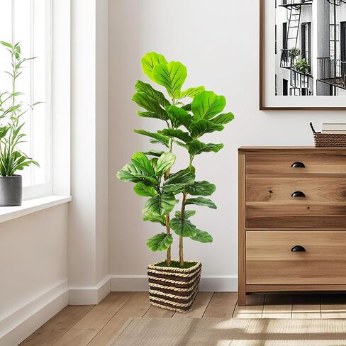 48 Inch Artificial Fiddle Leaf Fig Tree Indoor with Woven Basket - 4ft Tall Fake Tree with Real-Wood Trunk,Faux Plants for Living Rooms, Offices, Kitchens & Outdoor Spaces in Saudi Arabia