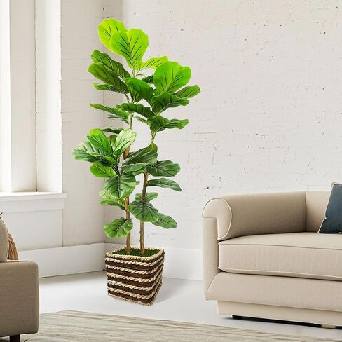 48 Inch Artificial Fiddle Leaf Fig Tree Indoor with Woven Basket - 4ft Tall Fake Tree with Real-Wood Trunk,Faux Plants for Living Rooms, Offices, Kitchens & Outdoor Spaces in Saudi Arabia