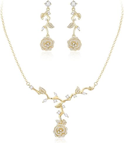 EVER FAITH Wedding Jewelry Set for Bridesmaids, Gorgeous Cubic Zirconia Elegant Rose Flower Leaf Bridal Prom Necklace Earrings Sets for Women in Saudi Arabia