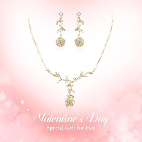 EVER FAITH Wedding Jewelry Set for Bridesmaids, Gorgeous Cubic Zirconia Elegant Rose Flower Leaf Bridal Prom Necklace Earrings Sets for Women in Saudi Arabia