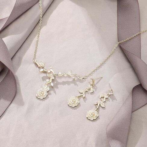 EVER FAITH Wedding Jewelry Set for Bridesmaids, Gorgeous Cubic Zirconia Elegant Rose Flower Leaf Bridal Prom Necklace Earrings Sets for Women in Saudi Arabia