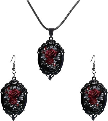 coadipress Gothic Rose Glass Necklace Earrings Set for Women Fashion Vintage Dark Punk Style Roses Pendant Necklace Halloween Party Costume Accessories Charm Jewelry in Saudi Arabia