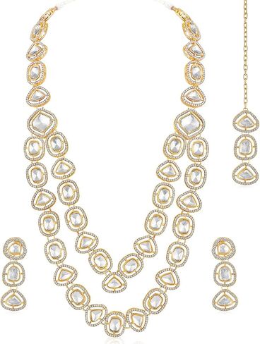 Aheli White Synthetic Stone & Cubic Zirconia Studded Long Necklace Drop Earrings Maangtikka Ethnic Jewellery Set Gift for Women in Saudi Arabia