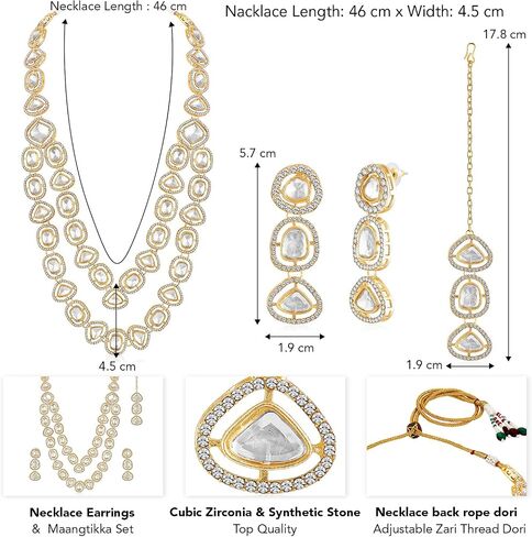 Aheli White Synthetic Stone & Cubic Zirconia Studded Long Necklace Drop Earrings Maangtikka Ethnic Jewellery Set Gift for Women in Saudi Arabia