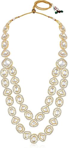 Aheli White Synthetic Stone & Cubic Zirconia Studded Long Necklace Drop Earrings Maangtikka Ethnic Jewellery Set Gift for Women in Saudi Arabia
