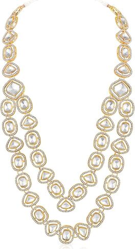 Aheli White Synthetic Stone & Cubic Zirconia Studded Long Necklace Drop Earrings Maangtikka Ethnic Jewellery Set Gift for Women in Saudi Arabia