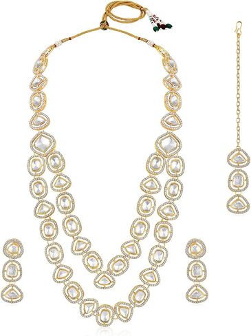 Aheli White Synthetic Stone & Cubic Zirconia Studded Long Necklace Drop Earrings Maangtikka Ethnic Jewellery Set Gift for Women in Saudi Arabia