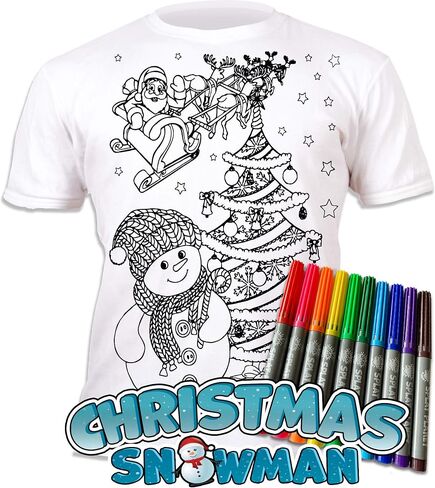 Splat Planet Color-in Snowman Christmas, T-Shirt with 10 Non-Toxic Washable Magic Coloring Pens - Color-in & Wash Out T-Shirt in Saudi Arabia