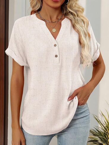 Womens Tops Summer Linen Short Sleeve T Shirt Button V Neck Casual Tunic Blouses Loose Trendy Clothes in Saudi Arabia