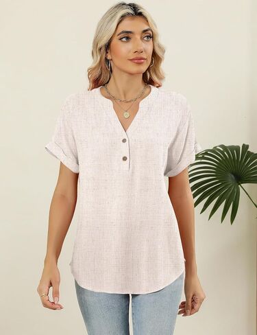 Womens Tops Summer Linen Short Sleeve T Shirt Button V Neck Casual Tunic Blouses Loose Trendy Clothes in Saudi Arabia