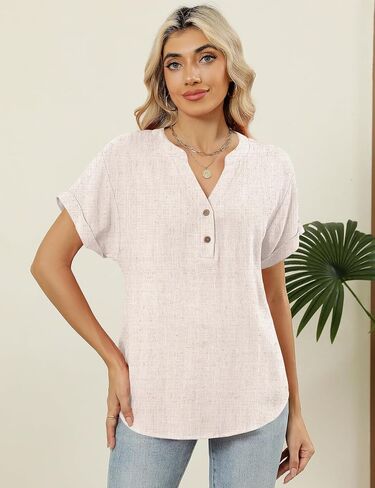 Womens Tops Summer Linen Short Sleeve T Shirt Button V Neck Casual Tunic Blouses Loose Trendy Clothes in Saudi Arabia