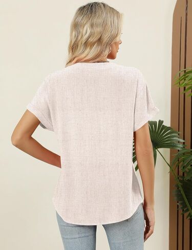 Womens Tops Summer Linen Short Sleeve T Shirt Button V Neck Casual Tunic Blouses Loose Trendy Clothes in Saudi Arabia