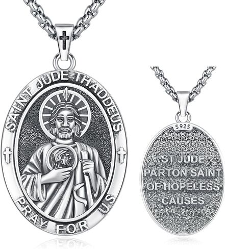 Patron Saint Medal Necklace 925 Sterling Silver Catholic Protection Pendant Religious Jewelry for Men Women with 2.5mm 22"+2" Round Box Chain in Saudi Arabia