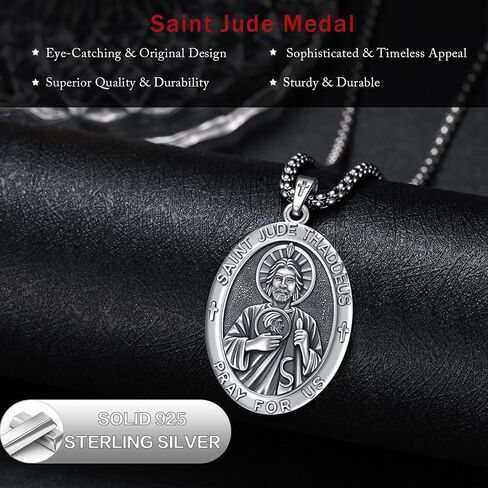 Patron Saint Medal Necklace 925 Sterling Silver Catholic Protection Pendant Religious Jewelry for Men Women with 2.5mm 22"+2" Round Box Chain in Saudi Arabia