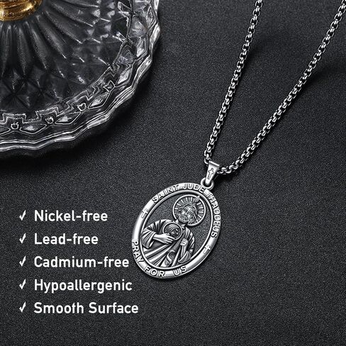 Patron Saint Medal Necklace 925 Sterling Silver Catholic Protection Pendant Religious Jewelry for Men Women with 2.5mm 22"+2" Round Box Chain in Saudi Arabia