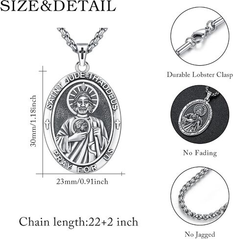 Patron Saint Medal Necklace 925 Sterling Silver Catholic Protection Pendant Religious Jewelry for Men Women with 2.5mm 22"+2" Round Box Chain in Saudi Arabia