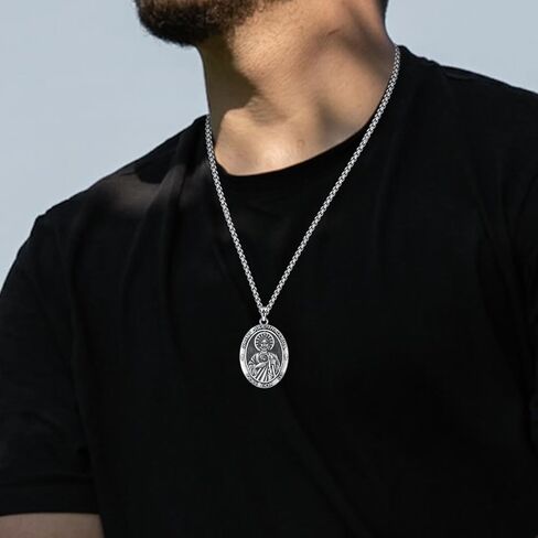 Patron Saint Medal Necklace 925 Sterling Silver Catholic Protection Pendant Religious Jewelry for Men Women with 2.5mm 22"+2" Round Box Chain in Saudi Arabia