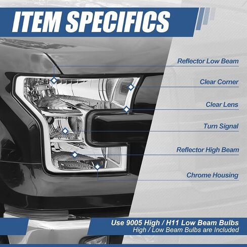 Auto Dynasty Headlights Assembly Compatible with 2015 2016 2017 Ford F-150 13th Gen, Driver and Passenger Side Halogen Headlamps Replacement, Black Housing Clear Corner in Saudi Arabia