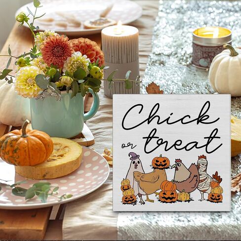 Skeleton Chicken Halloween Decor, Pumpkin Ghost Chicken Wooden Box Sign, Cute Halloween Room Decorations (5 x 5 Inches) in Saudi Arabia