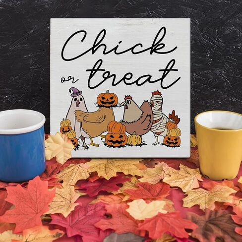 Skeleton Chicken Halloween Decor, Pumpkin Ghost Chicken Wooden Box Sign, Cute Halloween Room Decorations (5 x 5 Inches) in Saudi Arabia