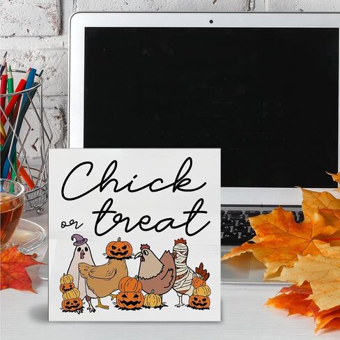 Skeleton Chicken Halloween Decor, Pumpkin Ghost Chicken Wooden Box Sign, Cute Halloween Room Decorations (5 x 5 Inches) in Saudi Arabia