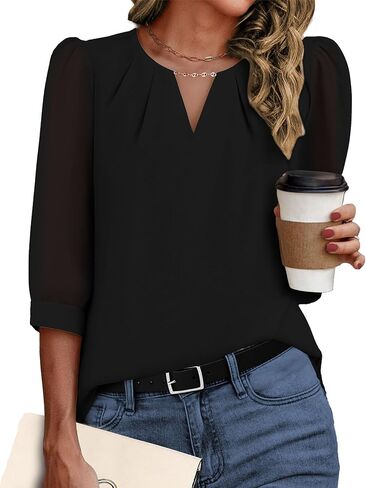 3/4 Length Sleeve Womens Tops Work Business Dressy Casual Blouses Chiffon Elegant Shirts Fashion Outfits in Kuwait