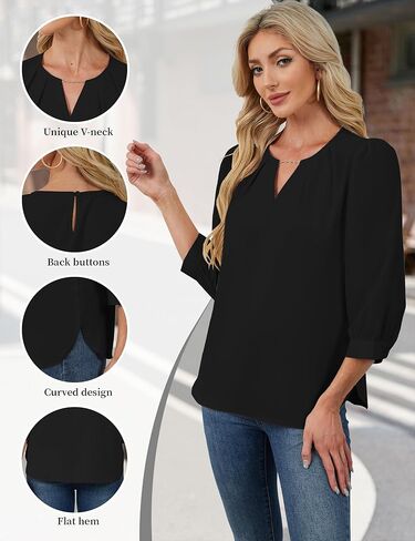 3/4 Length Sleeve Womens Tops Work Business Dressy Casual Blouses Chiffon Elegant Shirts Fashion Outfits in Kuwait