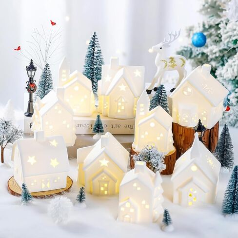 Set of 28 Ceramic Christmas Village Sets 9 Pieces White Christmas House with 17 Pieces Snow Tree 2 Pieces Lamp Vintage Christmas Decoration for Mantle Table Top Decor in Saudi Arabia