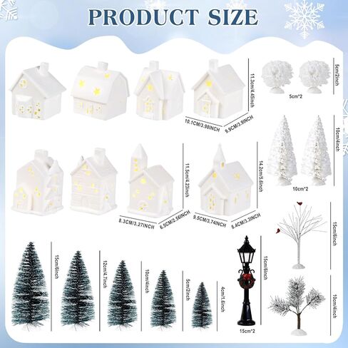 Set of 28 Ceramic Christmas Village Sets 9 Pieces White Christmas House with 17 Pieces Snow Tree 2 Pieces Lamp Vintage Christmas Decoration for Mantle Table Top Decor in Saudi Arabia