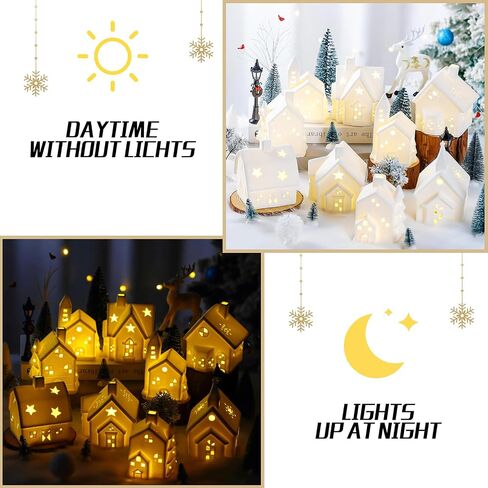 Set of 28 Ceramic Christmas Village Sets 9 Pieces White Christmas House with 17 Pieces Snow Tree 2 Pieces Lamp Vintage Christmas Decoration for Mantle Table Top Decor in Saudi Arabia