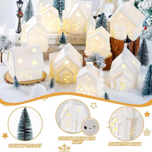 Set of 28 Ceramic Christmas Village Sets 9 Pieces White Christmas House with 17 Pieces Snow Tree 2 Pieces Lamp Vintage Christmas Decoration for Mantle Table Top Decor in Saudi Arabia