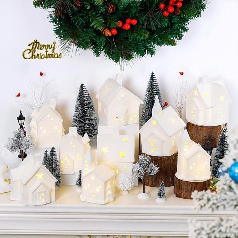 Set of 28 Ceramic Christmas Village Sets 9 Pieces White Christmas House with 17 Pieces Snow Tree 2 Pieces Lamp Vintage Christmas Decoration for Mantle Table Top Decor in Saudi Arabia