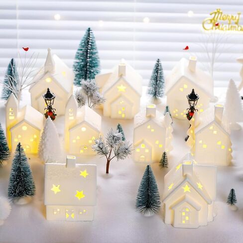 Set of 28 Ceramic Christmas Village Sets 9 Pieces White Christmas House with 17 Pieces Snow Tree 2 Pieces Lamp Vintage Christmas Decoration for Mantle Table Top Decor in Saudi Arabia