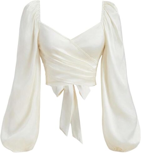 SOLY HUX Women's Lantern Long Sleeve Wrap Ruched Bow Tie Blouse Sweetheart Neck Satin Going Out Crop Tops in Saudi Arabia