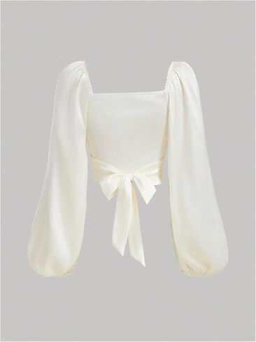 SOLY HUX Women's Lantern Long Sleeve Wrap Ruched Bow Tie Blouse Sweetheart Neck Satin Going Out Crop Tops in Saudi Arabia