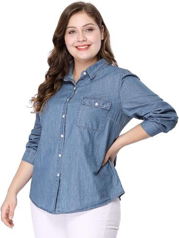 Agnes Orinda Women's Plus Size Button Down Long Sleeve Chest Pocket Chambray Shirts 2025 in Saudi Arabia
