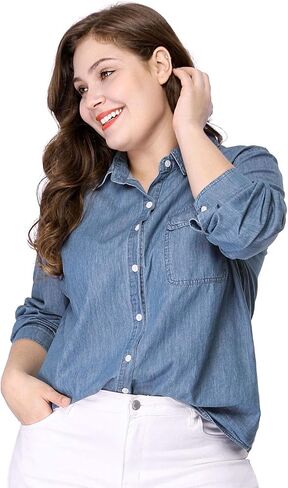 Agnes Orinda Women's Plus Size Button Down Long Sleeve Chest Pocket Chambray Shirts 2025 in Saudi Arabia