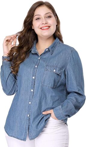Agnes Orinda Women's Plus Size Button Down Long Sleeve Chest Pocket Chambray Shirts 2025 in Saudi Arabia