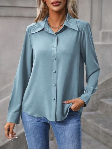 Womens Button Down Shirts Solid Button Front Shirt,Long Sleeve Tops Fall Cloth for Women in Saudi Arabia