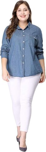 Agnes Orinda Women's Plus Size Button Down Long Sleeve Chest Pocket Chambray Shirts 2025 in Saudi Arabia
