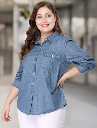 Agnes Orinda Women's Plus Size Button Down Long Sleeve Chest Pocket Chambray Shirts 2025 in Saudi Arabia