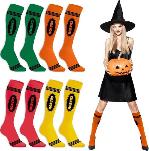 4 Pairs Halloween Crayon Socks Colorful Striped Thigh High Stockings Knee High Socks Set Long Crayon Stocking Set for Halloween Women Girls Adult Costume in Saudi Arabia