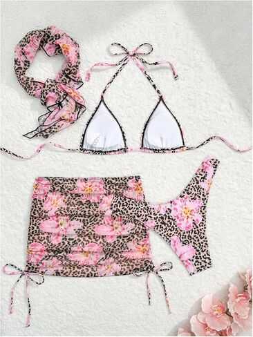 Women's 4 Piece Swimsuits Floral Cheetah Bikini Sets Bathing Suit with Mesh Cover Up Skirt & Bandana in Saudi Arabia