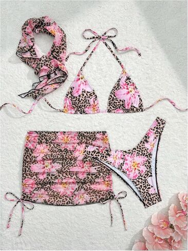 Women's 4 Piece Swimsuits Floral Cheetah Bikini Sets Bathing Suit with Mesh Cover Up Skirt & Bandana in Saudi Arabia