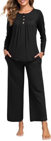 طقم بيجامة نسائي بيجامة بأكمام طويلة للنساء طقم مكون من قطعتين طقم صالة ناعم Pj طقم ملابس نوم خريفي مع جيوب in Kuwait